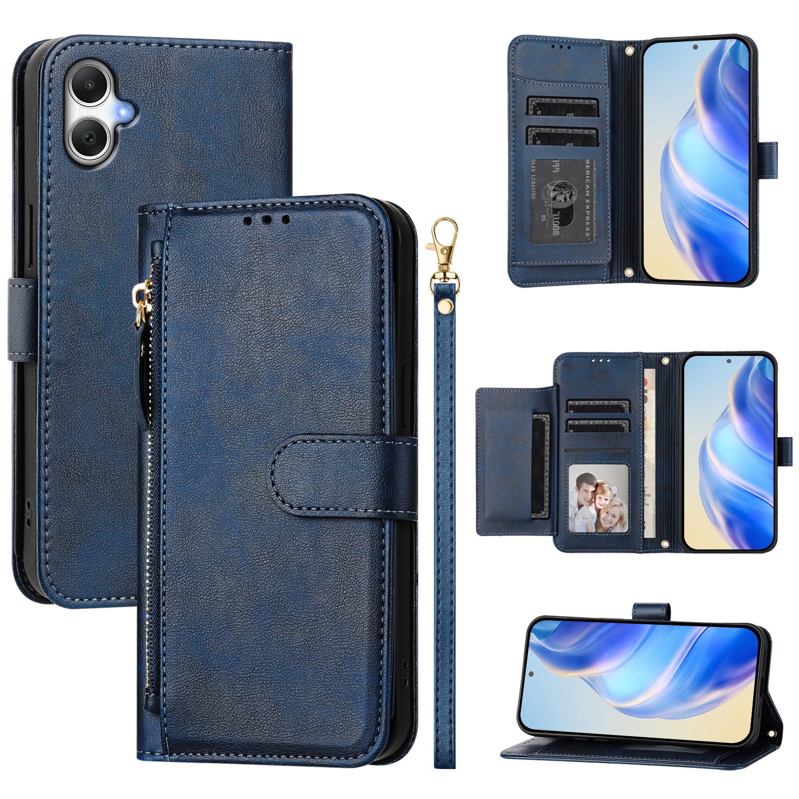 For Samsung Galaxy A06 Case Zipper Pocket Multiple Card Slots Leather Phone Cover - Blue