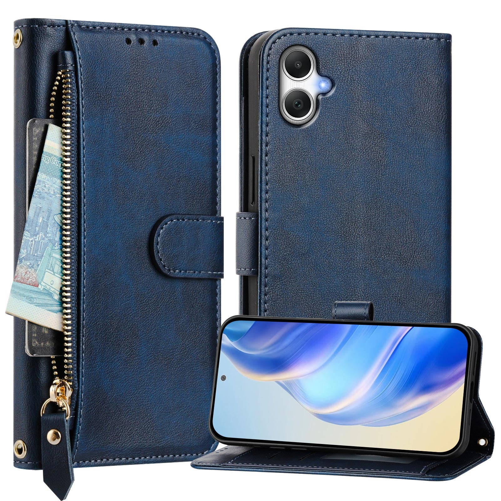 For Samsung Galaxy A06 Case Zipper Pocket Multiple Card Slots Leather Phone Cover - Blue