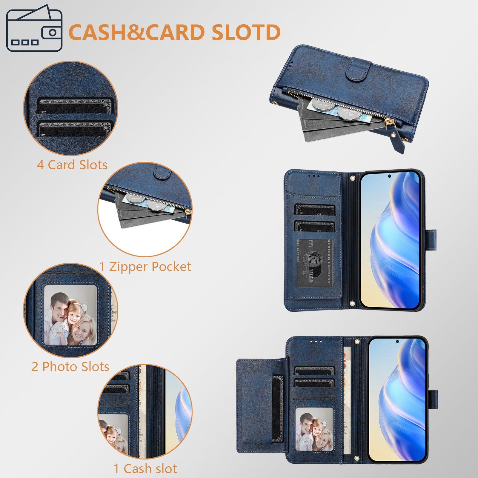 For Samsung Galaxy A06 Case Zipper Pocket Multiple Card Slots Leather Phone Cover - Blue