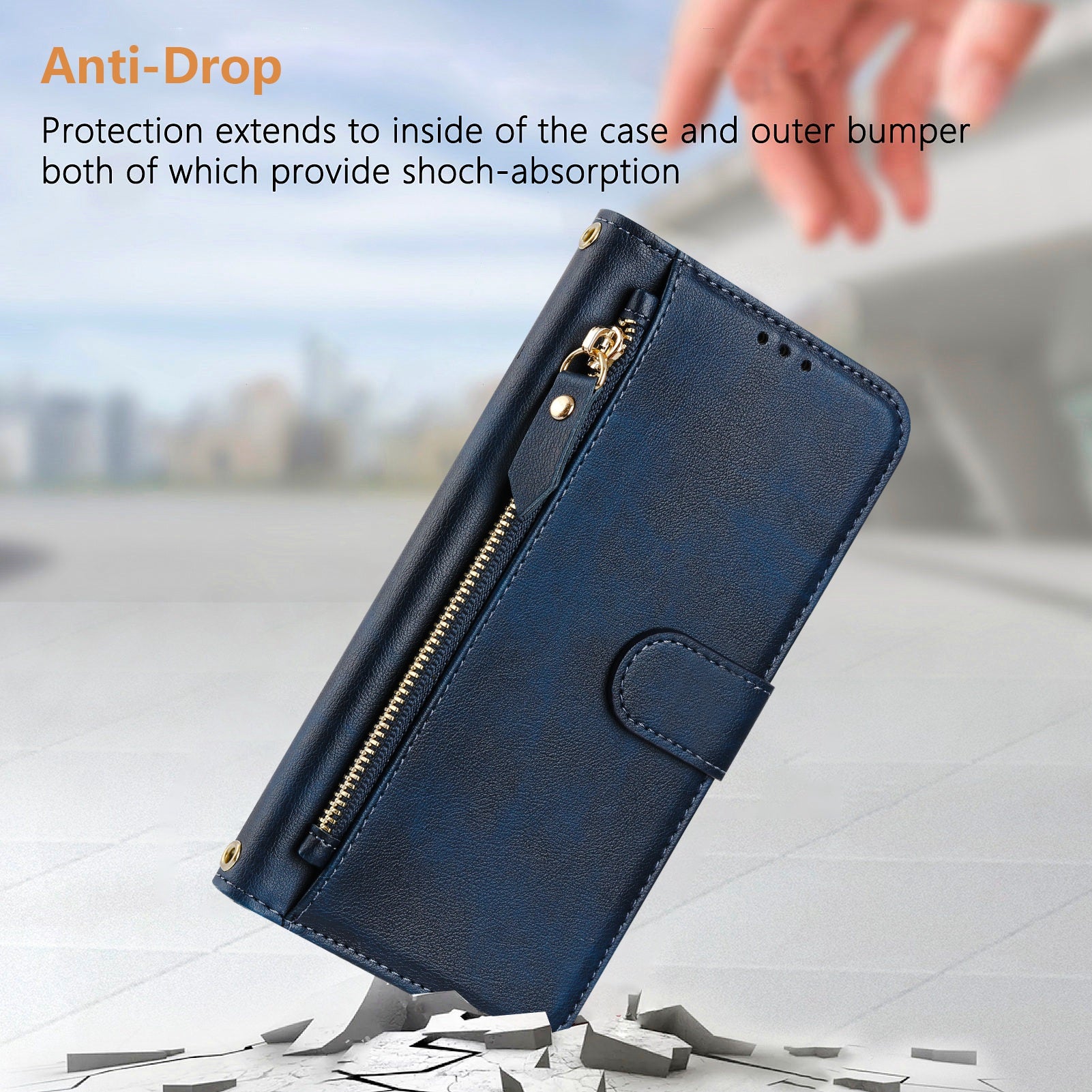 For Samsung Galaxy A06 Case Zipper Pocket Multiple Card Slots Leather Phone Cover - Blue