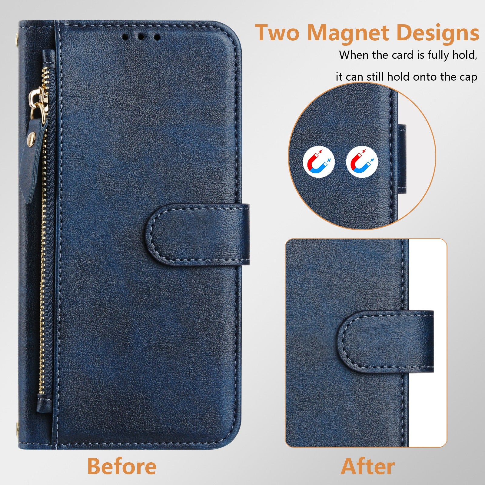 For Samsung Galaxy A06 Case Zipper Pocket Multiple Card Slots Leather Phone Cover - Blue