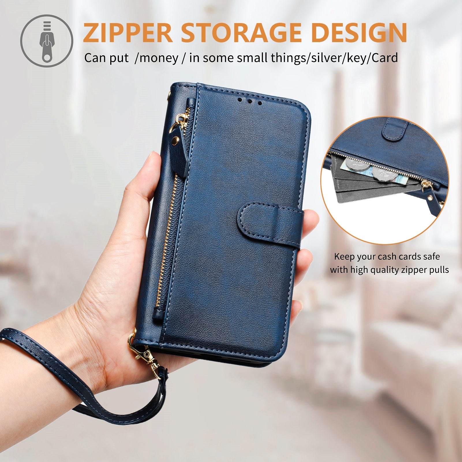 For Samsung Galaxy A06 Case Zipper Pocket Multiple Card Slots Leather Phone Cover - Blue