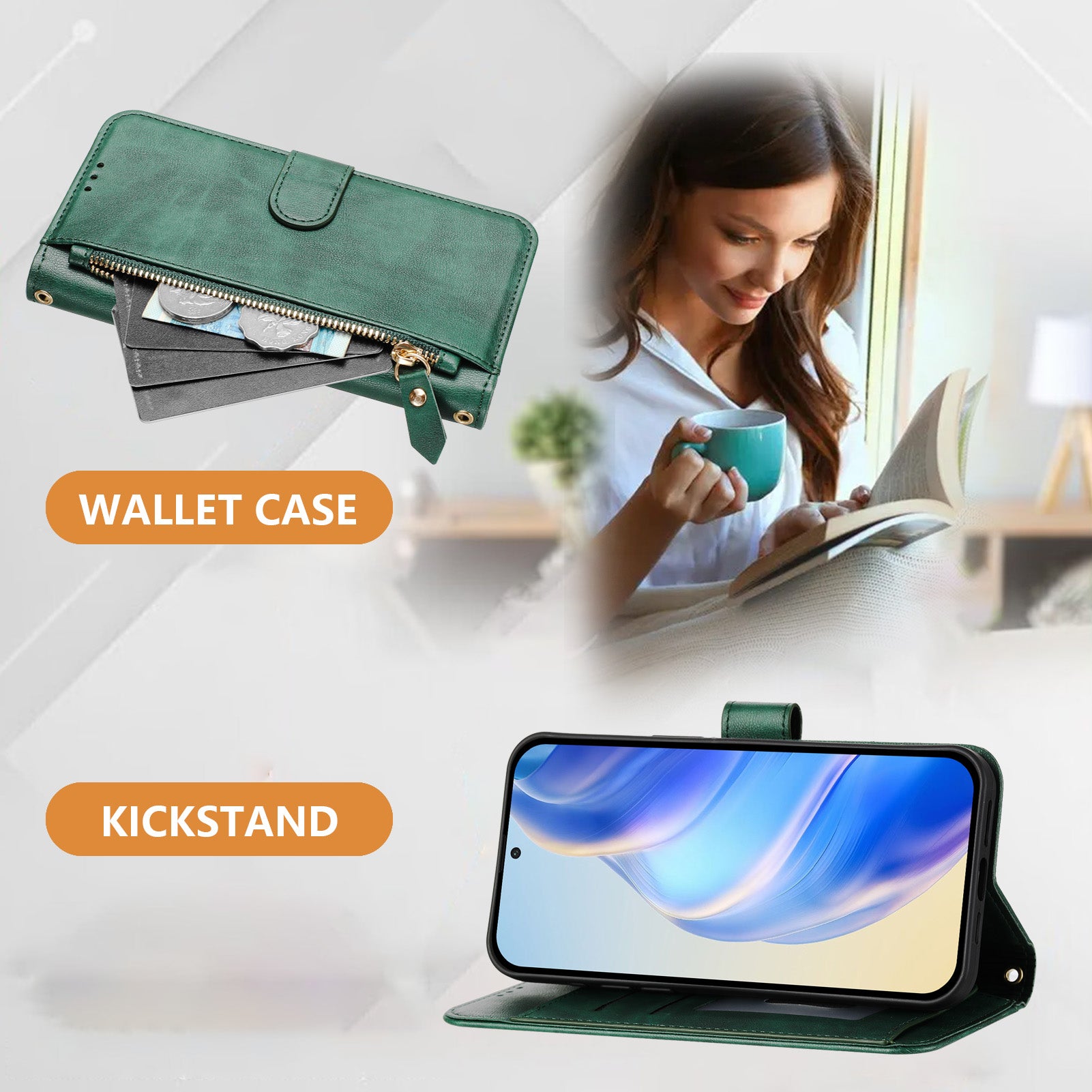 For Samsung Galaxy A06 Case Zipper Pocket Multiple Card Slots Leather Phone Cover - Green