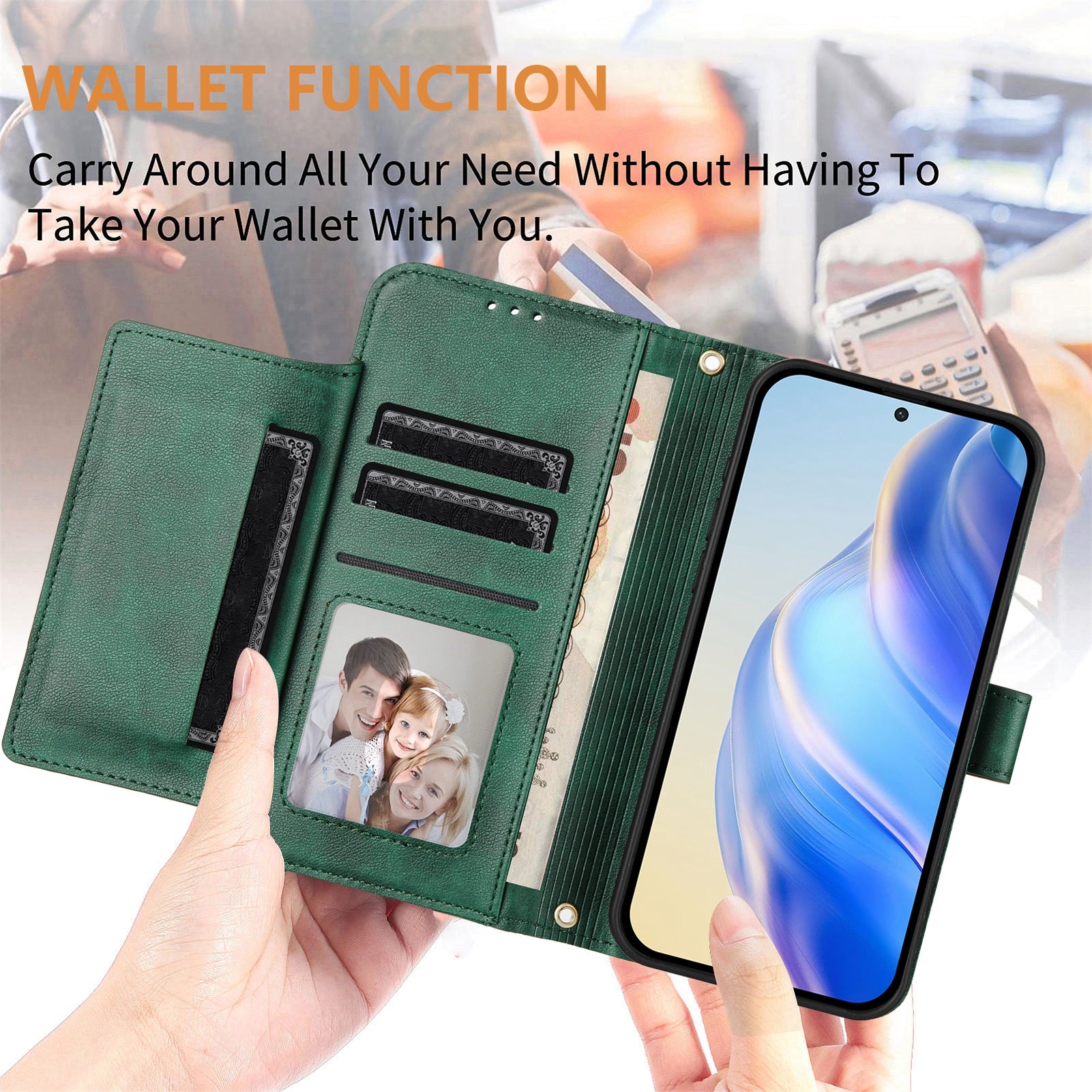 For Samsung Galaxy A06 Case Zipper Pocket Multiple Card Slots Leather Phone Cover - Green