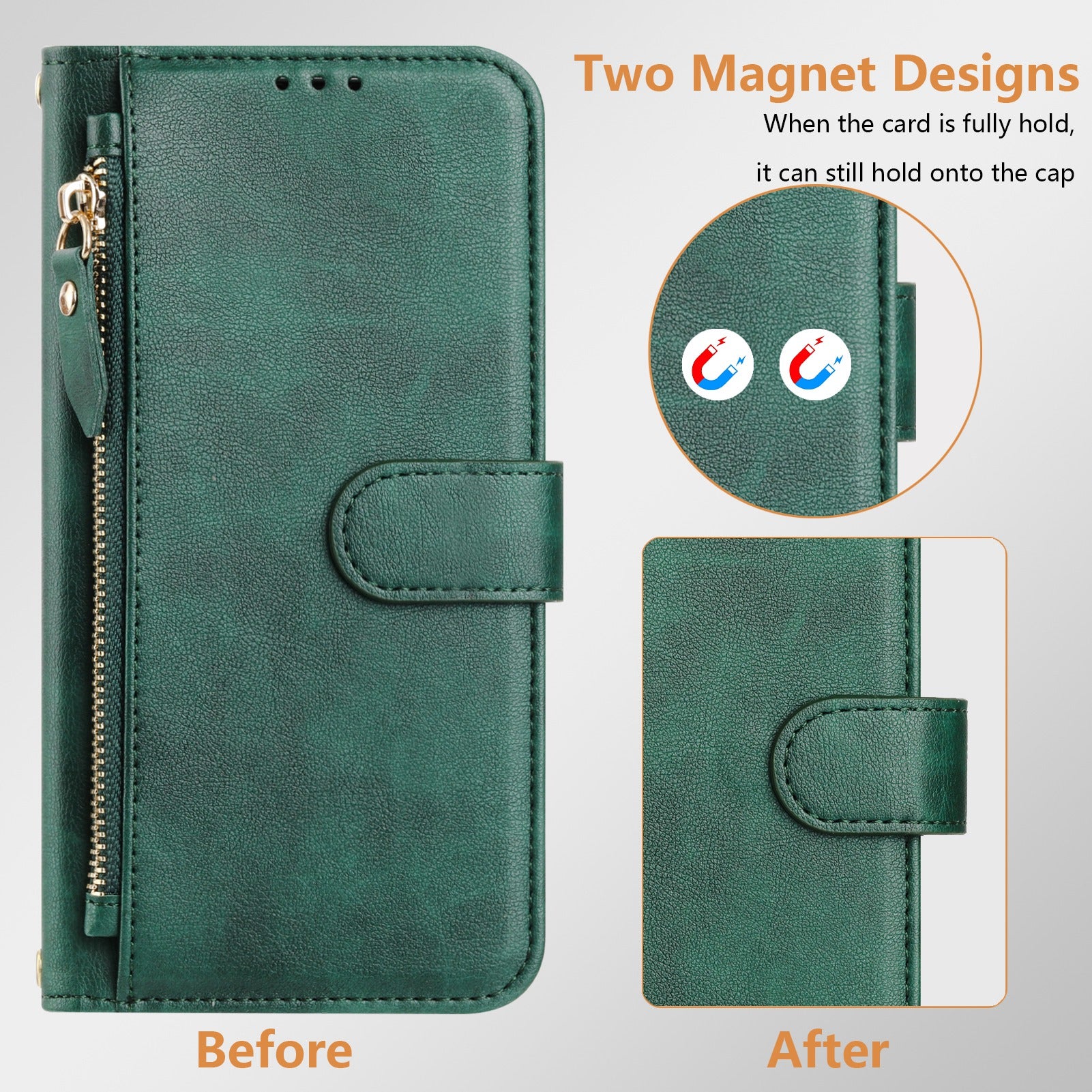 For Samsung Galaxy A06 Case Zipper Pocket Multiple Card Slots Leather Phone Cover - Green