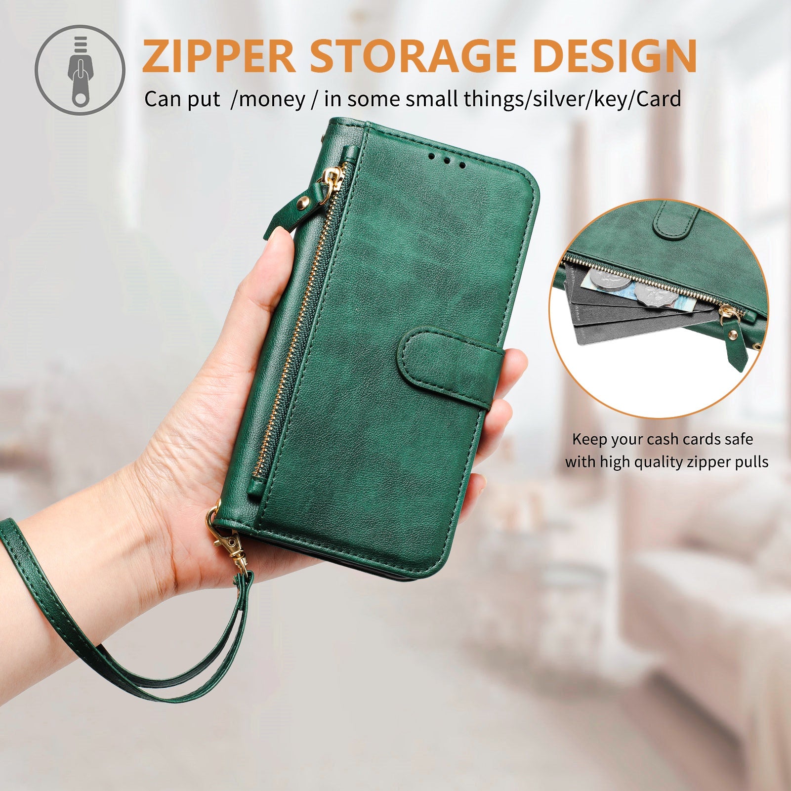 For Samsung Galaxy A06 Case Zipper Pocket Multiple Card Slots Leather Phone Cover - Green