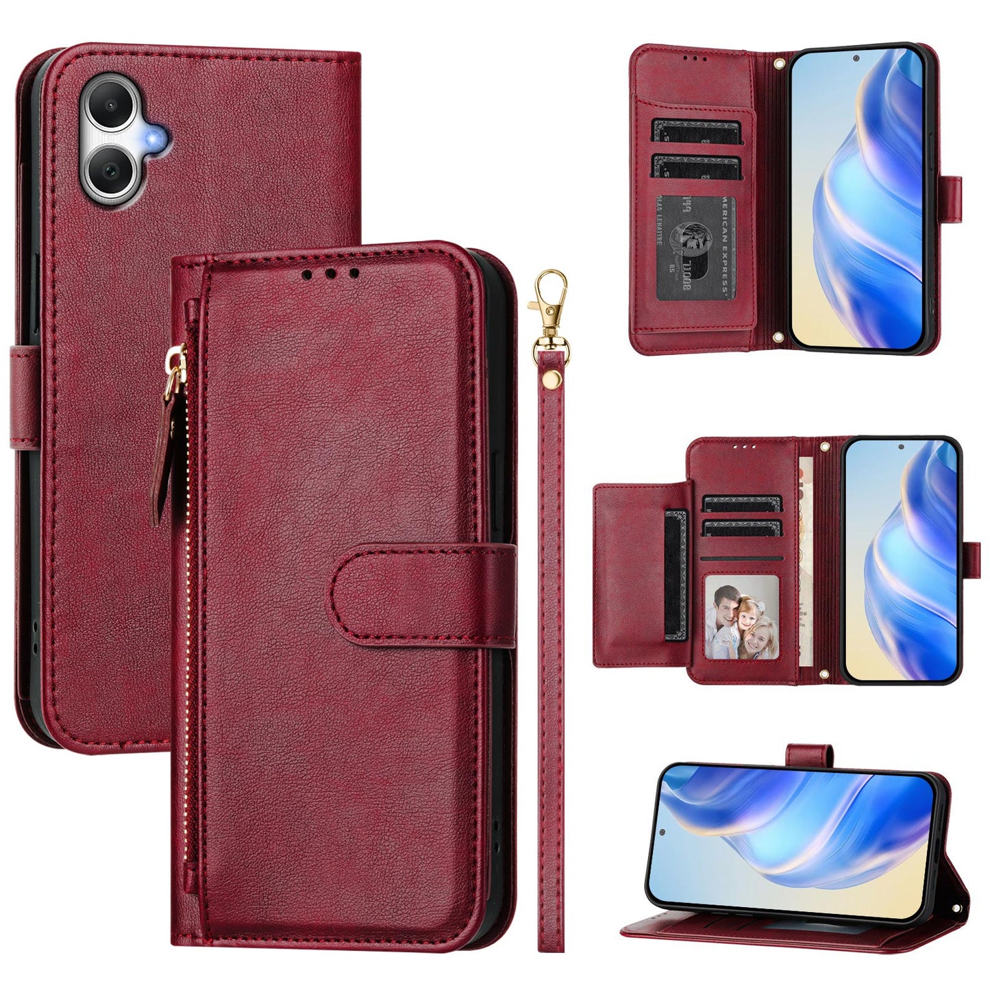For Samsung Galaxy A06 Case Zipper Pocket Multiple Card Slots Leather Phone Cover - Red