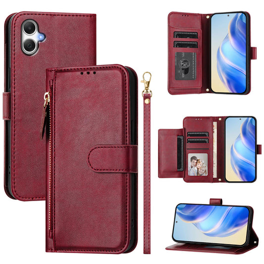 For Samsung Galaxy A06 Case Zipper Pocket Multiple Card Slots Leather Phone Cover - Red