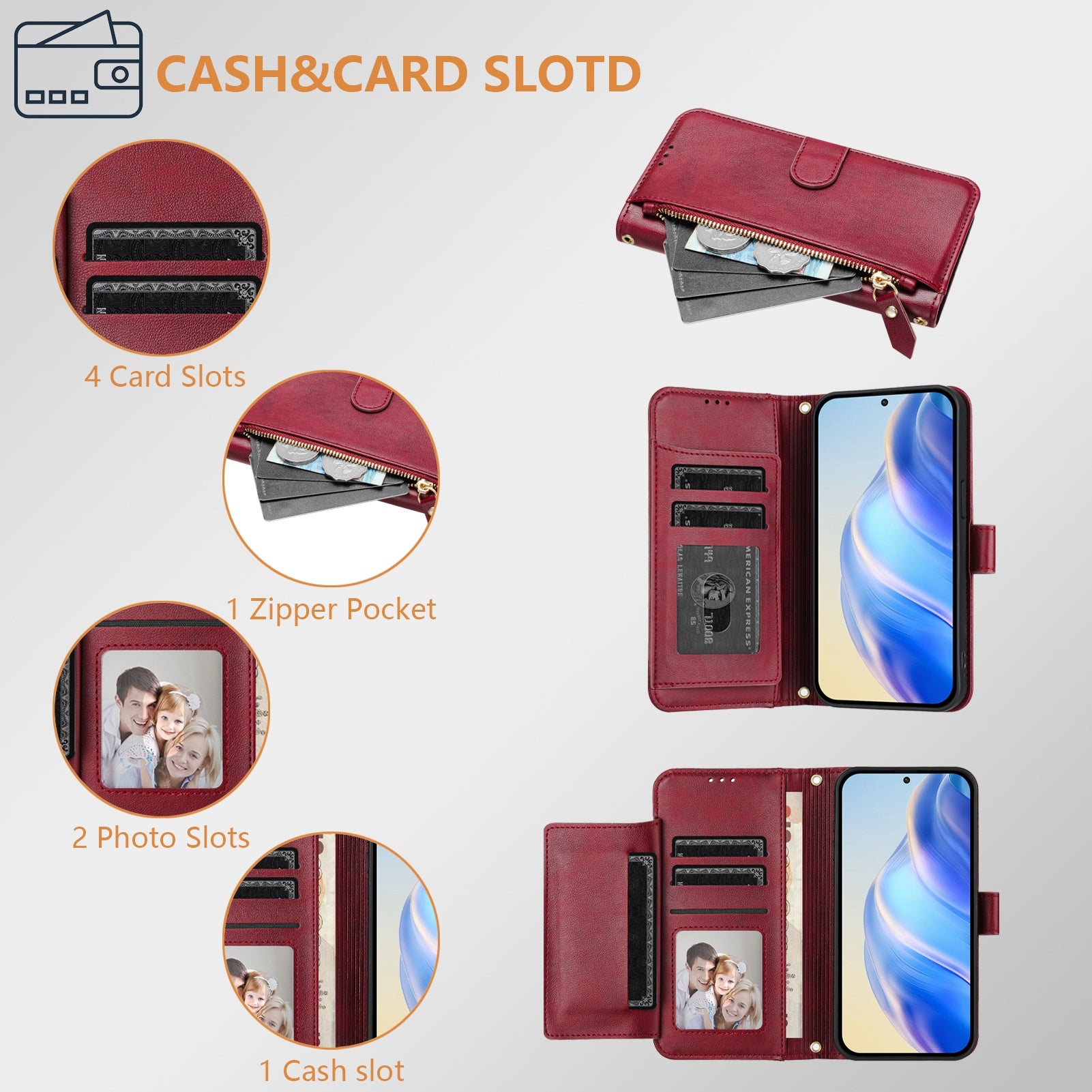 For Samsung Galaxy A06 Case Zipper Pocket Multiple Card Slots Leather Phone Cover - Red