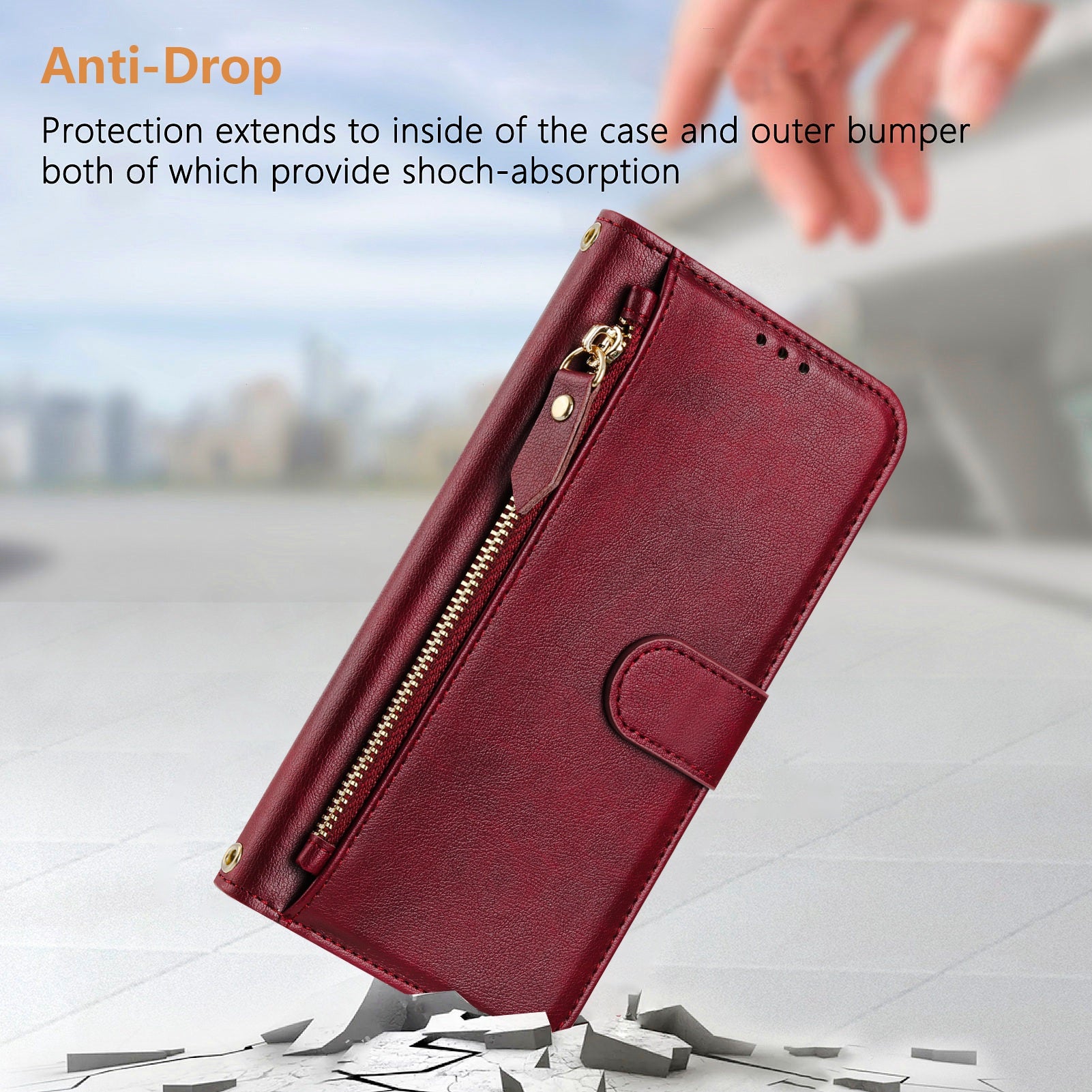 For Samsung Galaxy A06 Case Zipper Pocket Multiple Card Slots Leather Phone Cover - Red