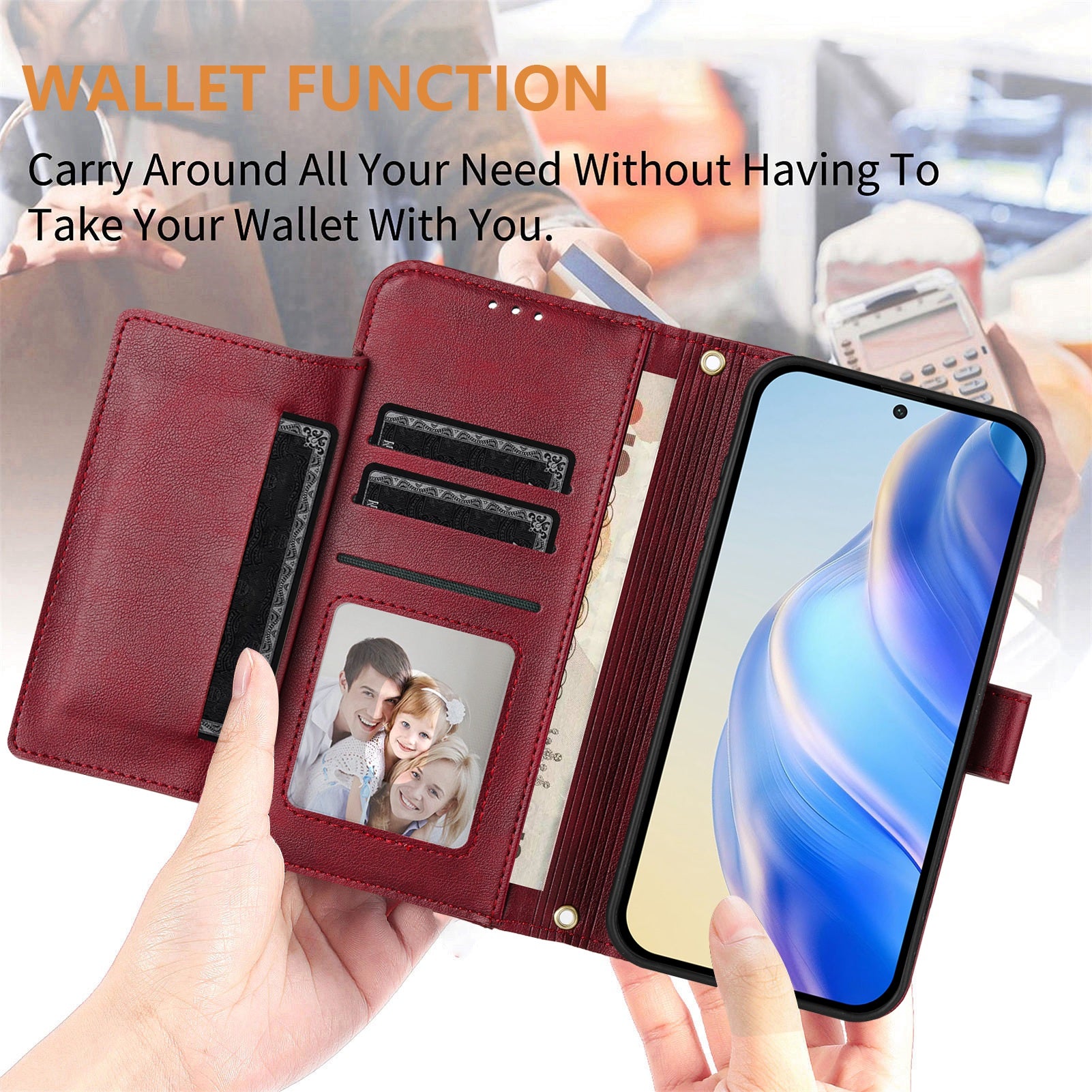 For Samsung Galaxy A06 Case Zipper Pocket Multiple Card Slots Leather Phone Cover - Red