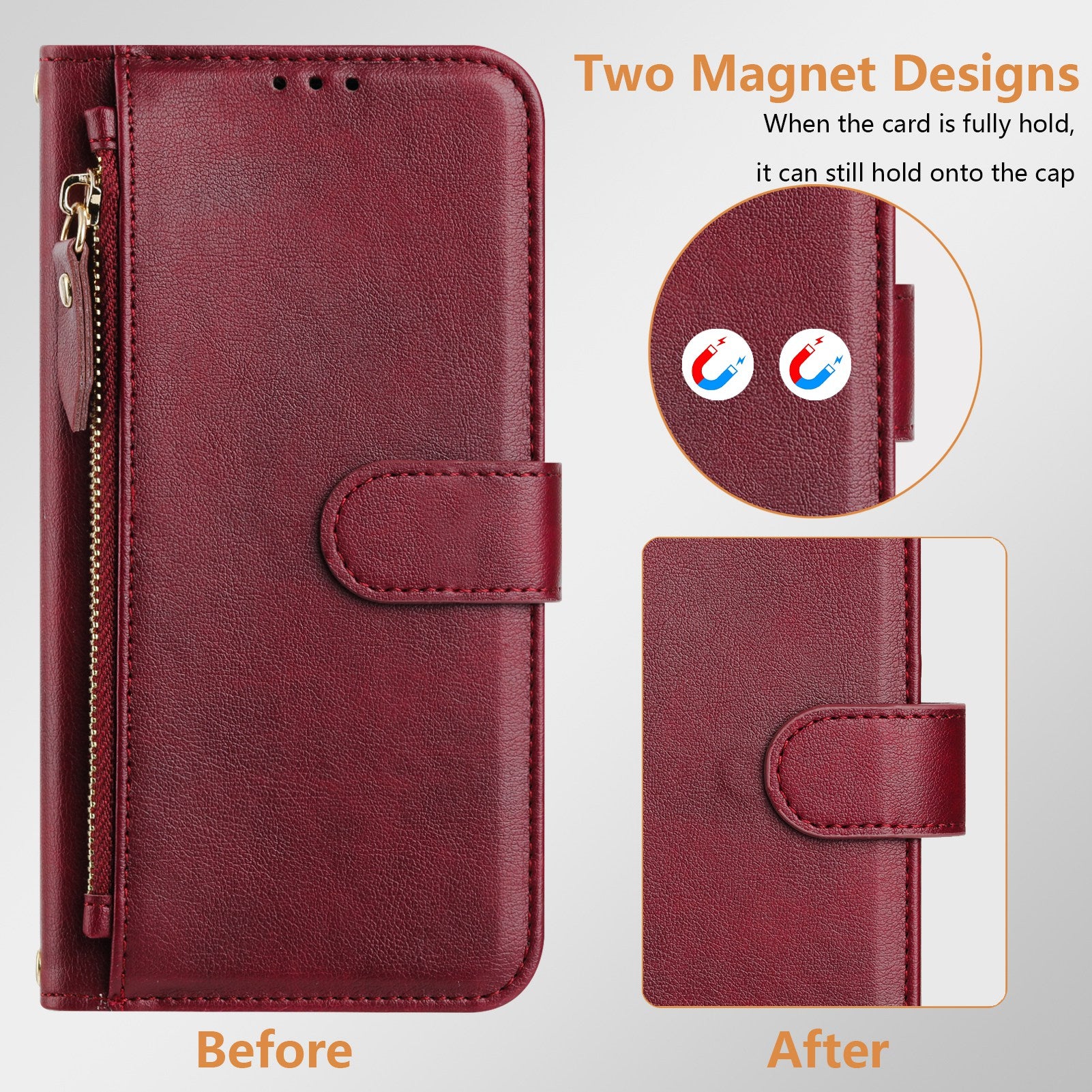 For Samsung Galaxy A06 Case Zipper Pocket Multiple Card Slots Leather Phone Cover - Red