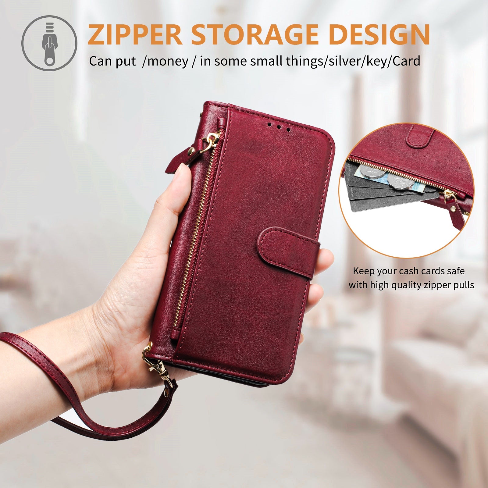 For Samsung Galaxy A06 Case Zipper Pocket Multiple Card Slots Leather Phone Cover - Red