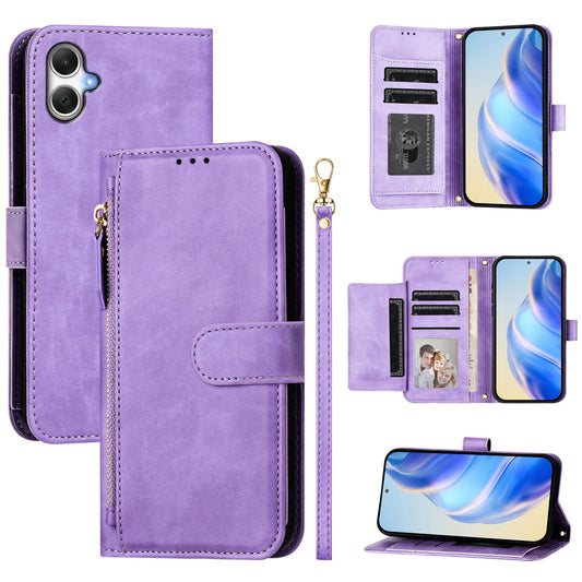For Samsung Galaxy A06 Case Zipper Pocket Multiple Card Slots Leather Phone Cover - Purple