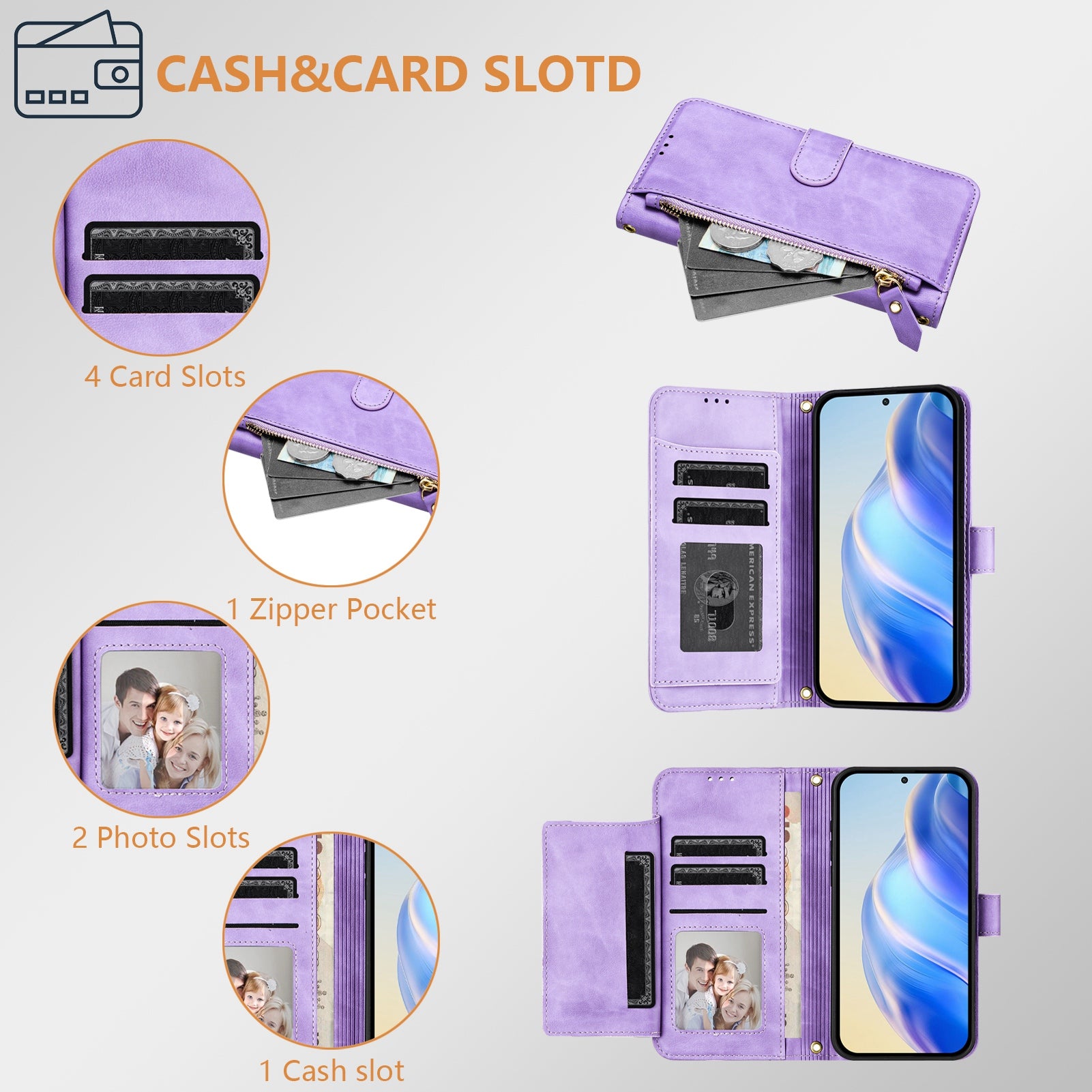 For Samsung Galaxy A06 Case Zipper Pocket Multiple Card Slots Leather Phone Cover - Purple
