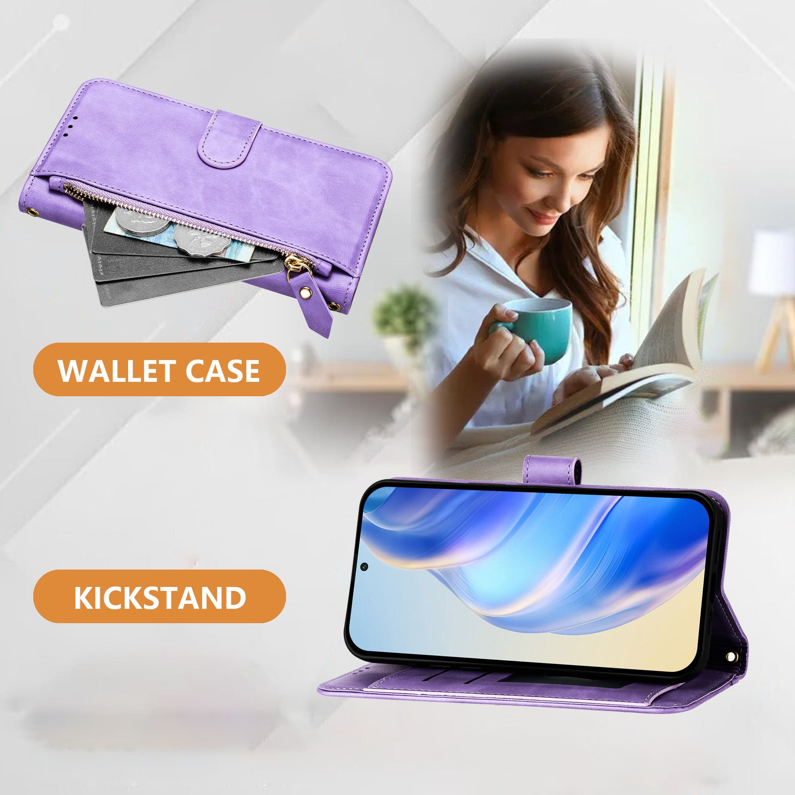 For Samsung Galaxy A06 Case Zipper Pocket Multiple Card Slots Leather Phone Cover - Purple