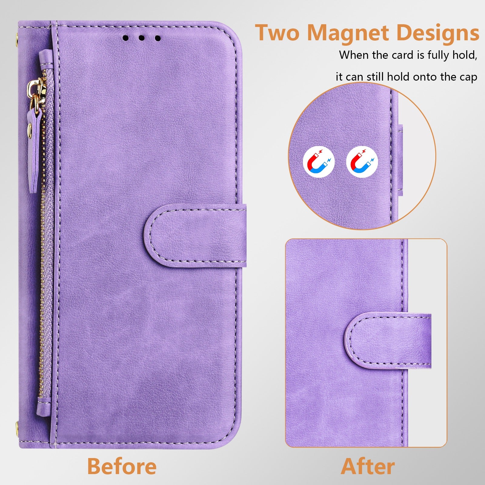 For Samsung Galaxy A06 Case Zipper Pocket Multiple Card Slots Leather Phone Cover - Purple