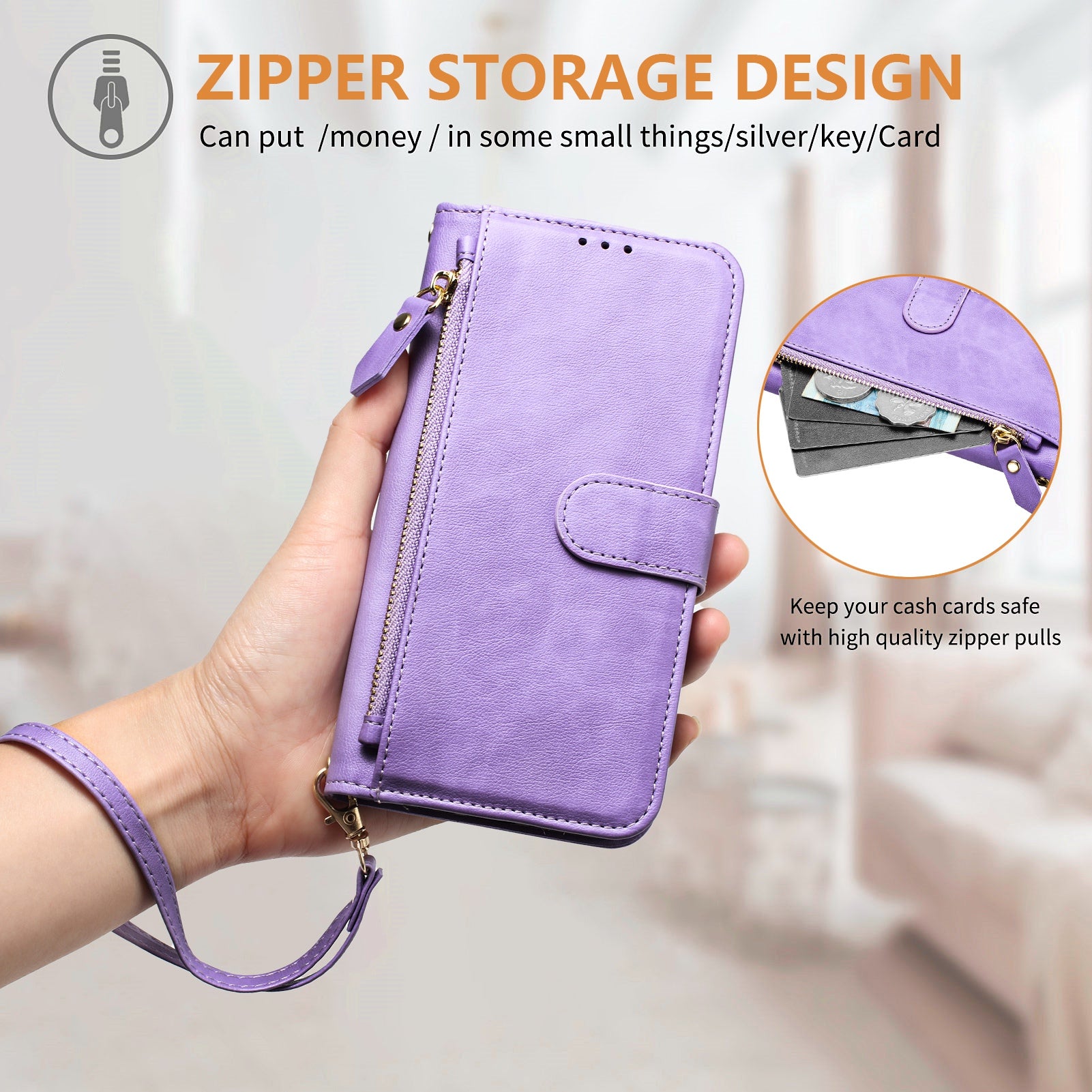 For Samsung Galaxy A06 Case Zipper Pocket Multiple Card Slots Leather Phone Cover - Purple