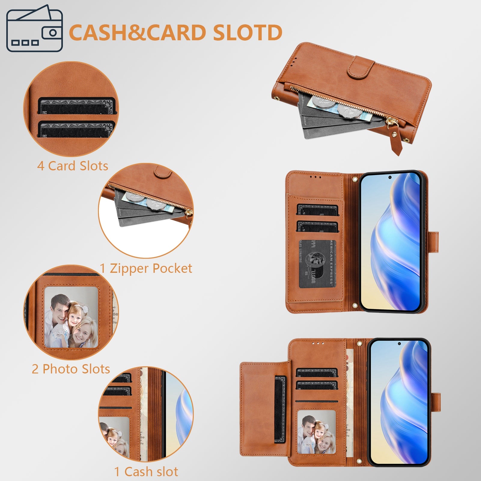 For Samsung Galaxy A06 Case Zipper Pocket Multiple Card Slots Leather Phone Cover - Brown