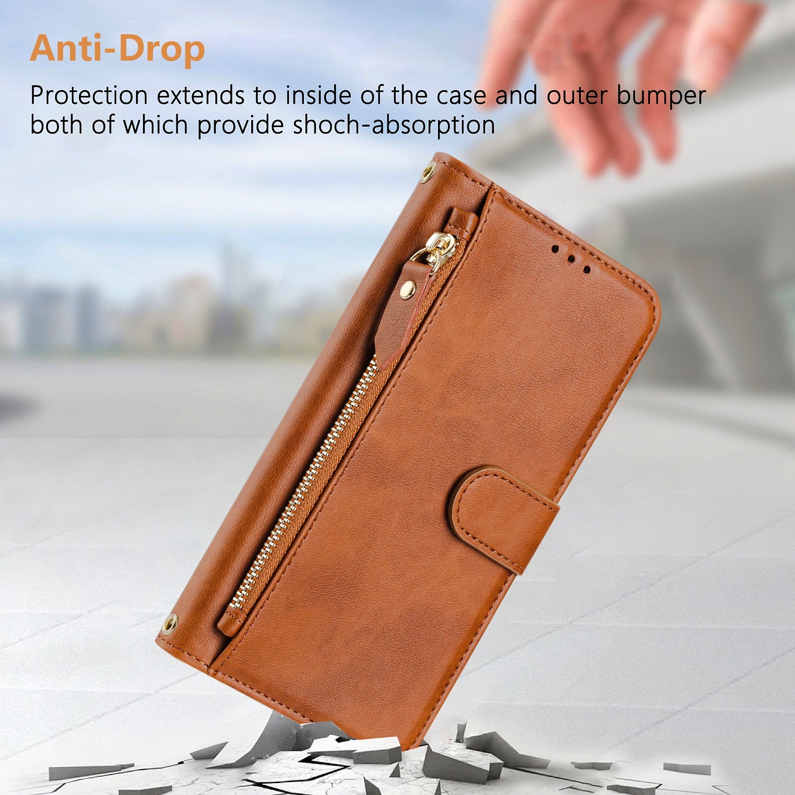 For Samsung Galaxy A06 Case Zipper Pocket Multiple Card Slots Leather Phone Cover - Brown