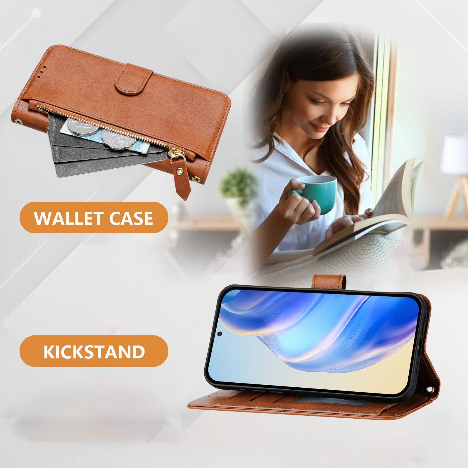 For Samsung Galaxy A06 Case Zipper Pocket Multiple Card Slots Leather Phone Cover - Brown