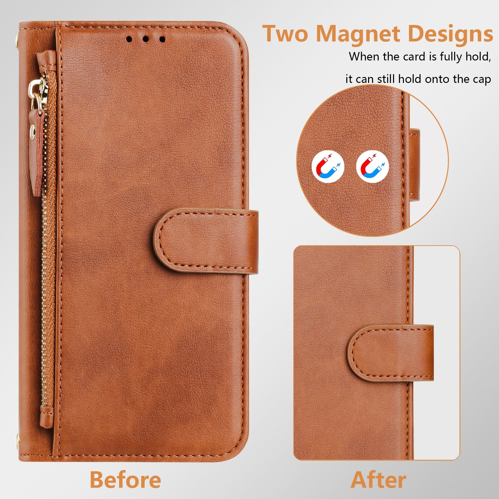 For Samsung Galaxy A06 Case Zipper Pocket Multiple Card Slots Leather Phone Cover - Brown