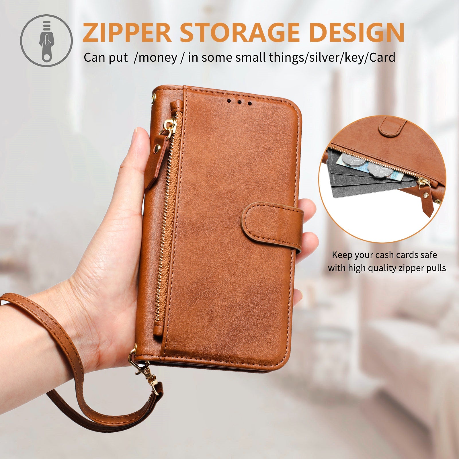 For Samsung Galaxy A06 Case Zipper Pocket Multiple Card Slots Leather Phone Cover - Brown