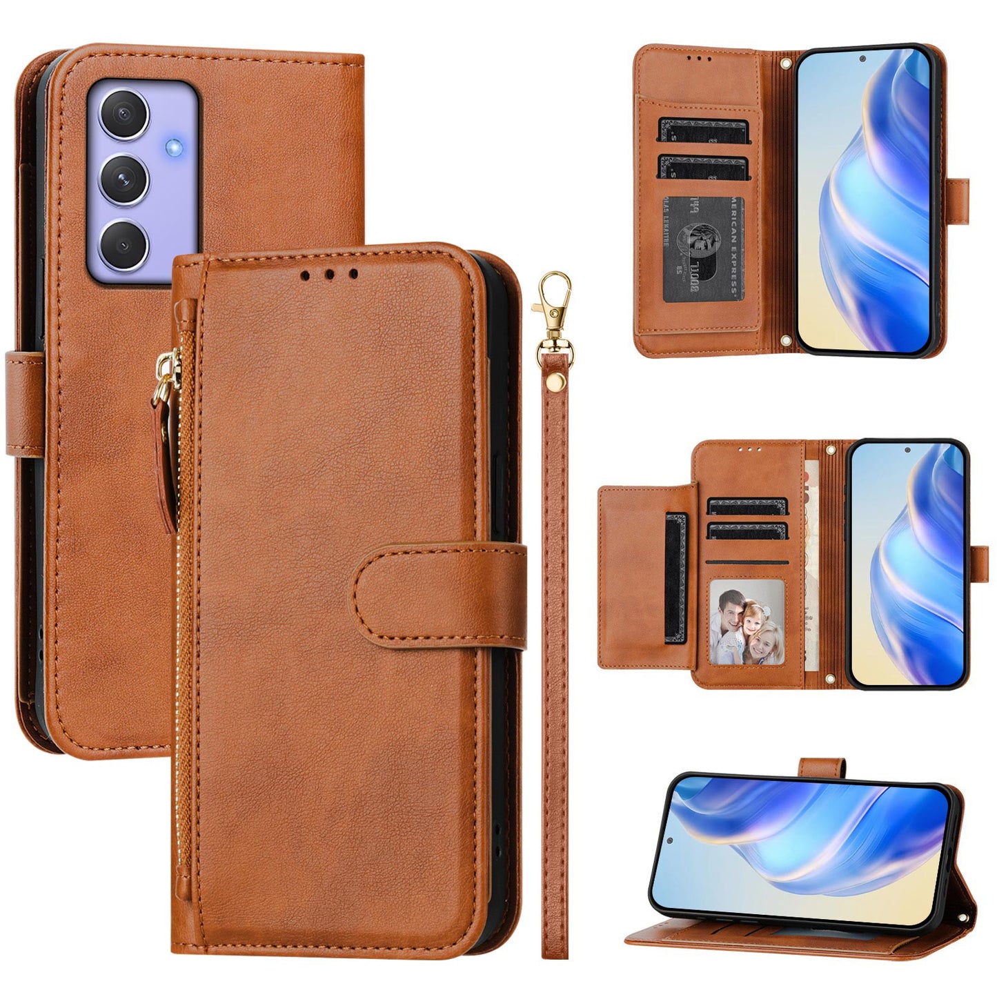 For Samsung Galaxy A54 5G Case Zipper Pocket Multiple Card Slots Leather Phone Cover - Brown