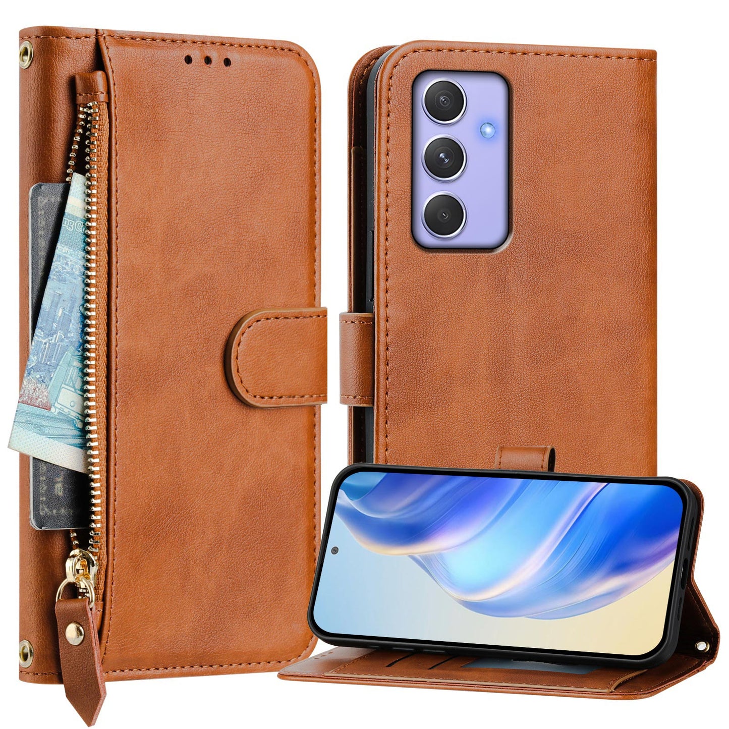 For Samsung Galaxy A54 5G Case Zipper Pocket Multiple Card Slots Leather Phone Cover - Brown