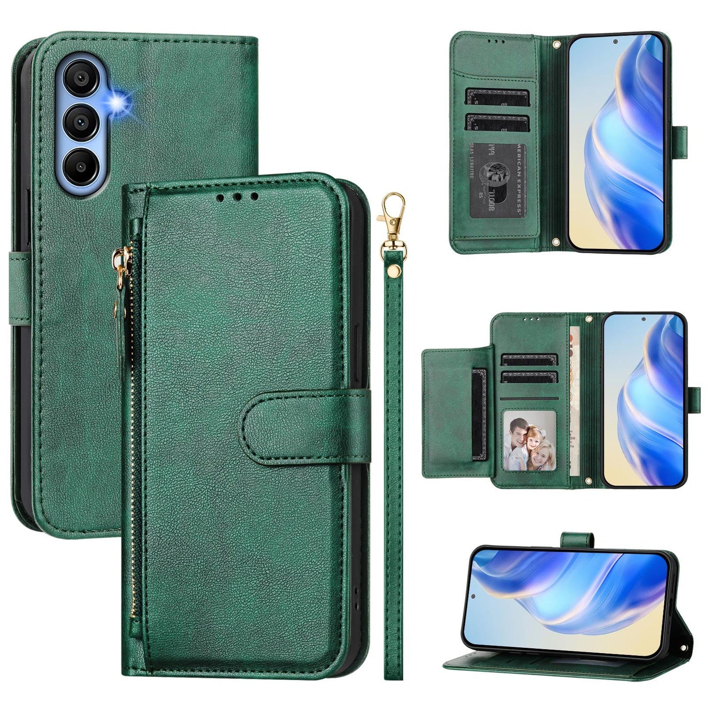 For Samsung Galaxy S23 FE Case Zipper Pocket Multiple Card Slots Leather Phone Cover - Green