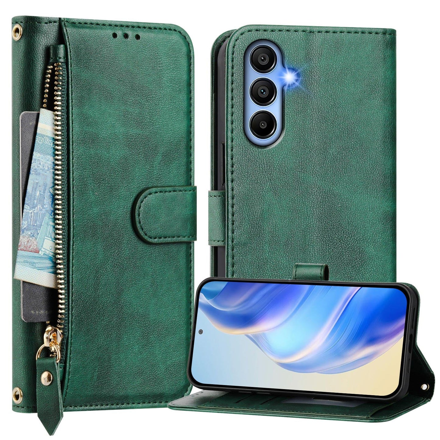 For Samsung Galaxy S23 FE Case Zipper Pocket Multiple Card Slots Leather Phone Cover - Green