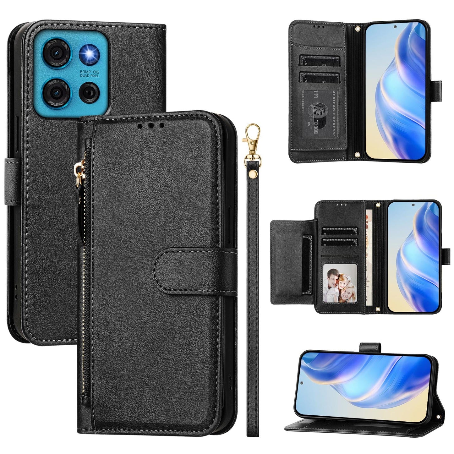 For Motorola Moto G75 5G Case Zipper Pocket Multiple Card Slots Leather Phone Cover - Black