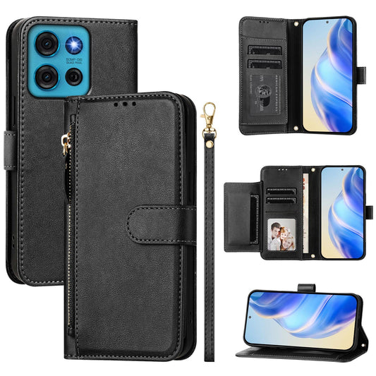 For Motorola Moto G75 5G Case Zipper Pocket Multiple Card Slots Leather Phone Cover - Black