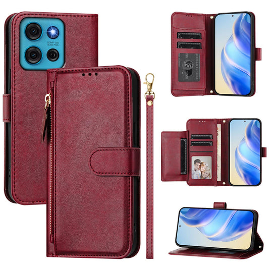 For Motorola Moto G75 5G Case Zipper Pocket Multiple Card Slots Leather Phone Cover - Red