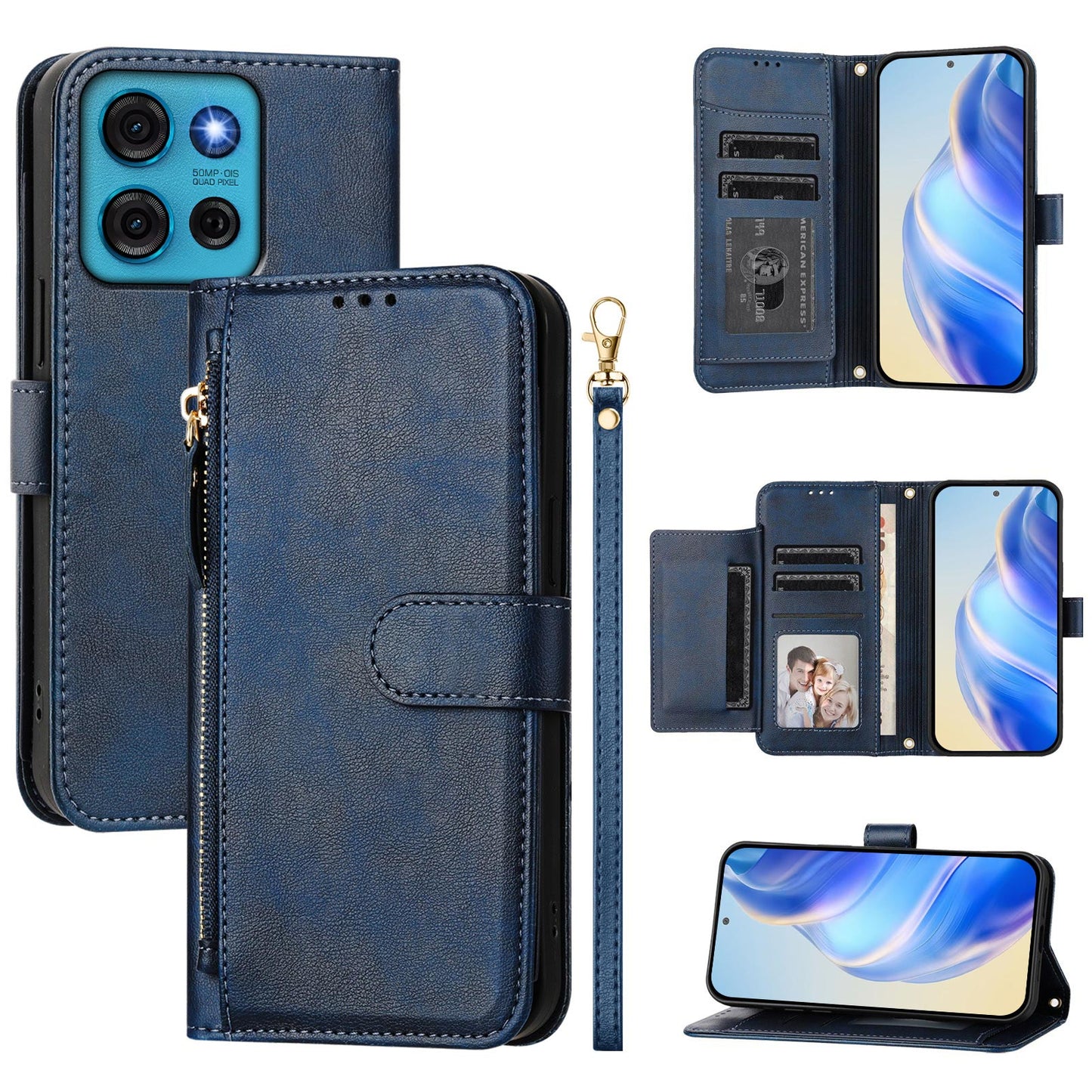 For Motorola Moto G75 5G Case Zipper Pocket Multiple Card Slots Leather Phone Cover - Blue