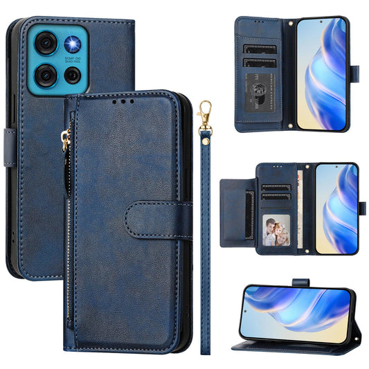 For Motorola Moto G75 5G Case Zipper Pocket Multiple Card Slots Leather Phone Cover - Blue