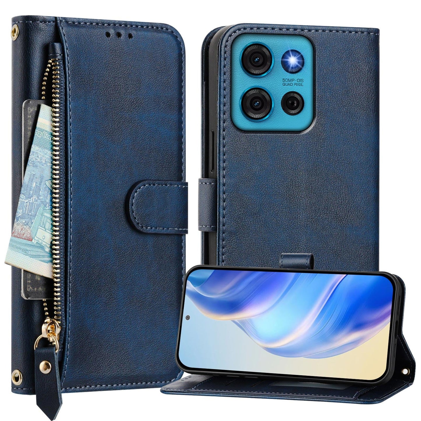For Motorola Moto G75 5G Case Zipper Pocket Multiple Card Slots Leather Phone Cover - Blue
