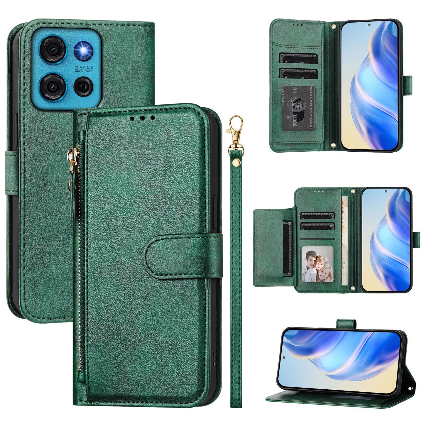 For Motorola Moto G75 5G Case Zipper Pocket Multiple Card Slots Leather Phone Cover - Green