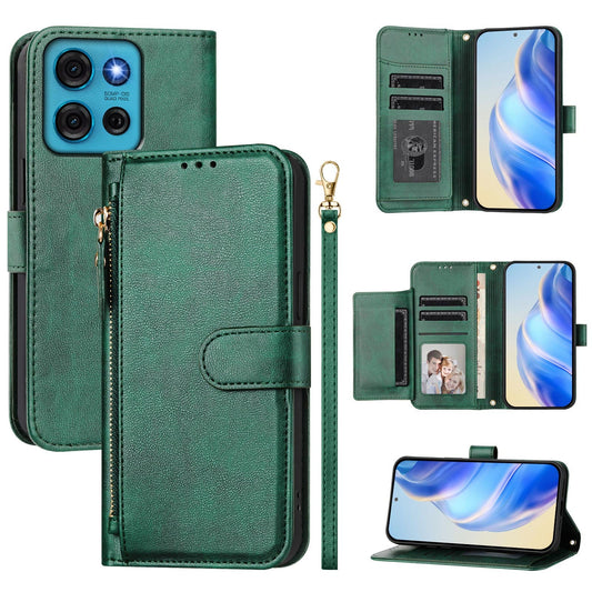For Motorola Moto G75 5G Case Zipper Pocket Multiple Card Slots Leather Phone Cover - Green