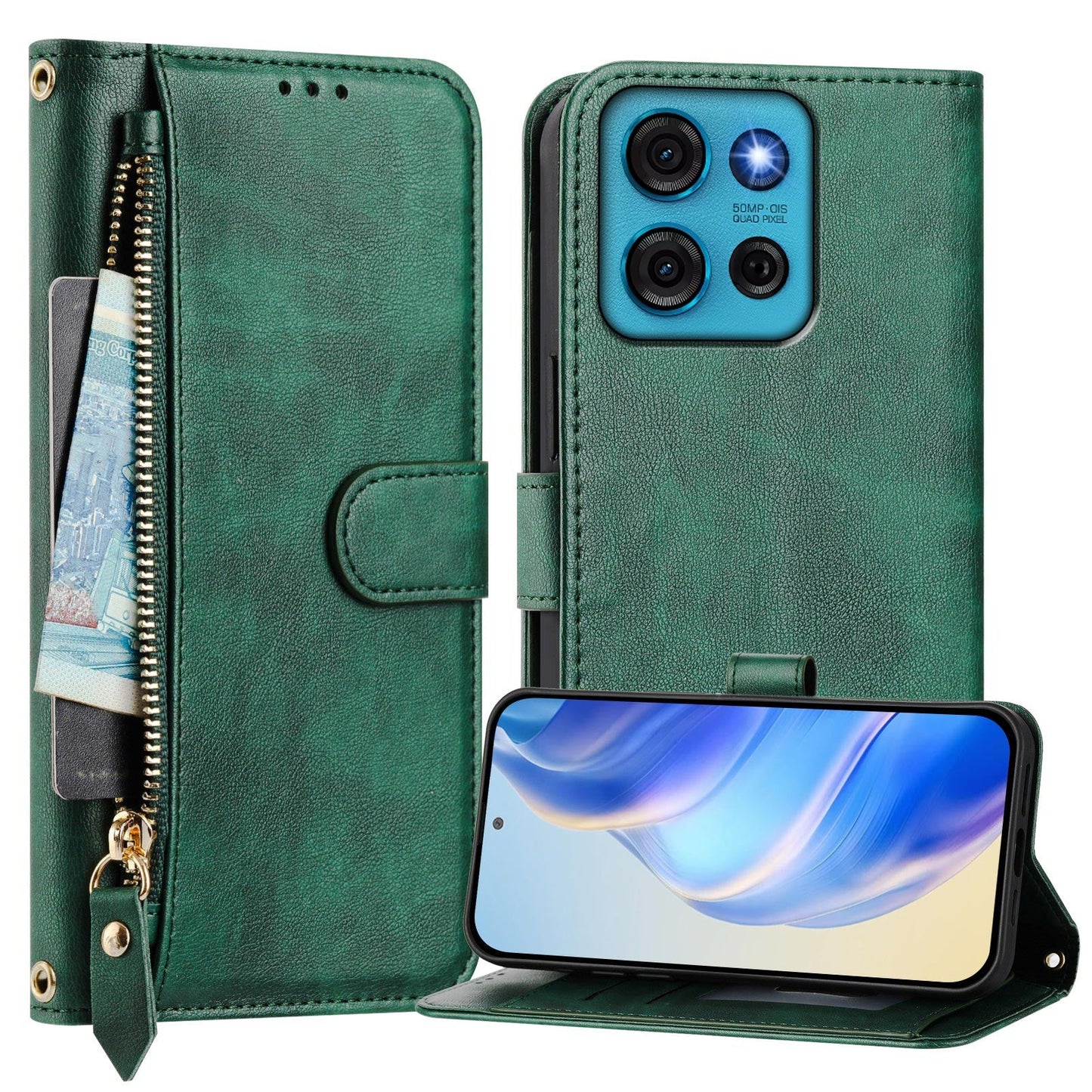 For Motorola Moto G75 5G Case Zipper Pocket Multiple Card Slots Leather Phone Cover - Green