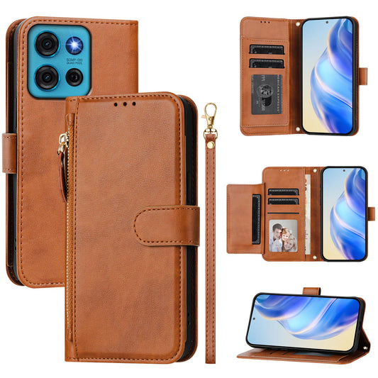 For Motorola Moto G75 5G Case Zipper Pocket Multiple Card Slots Leather Phone Cover - Brown