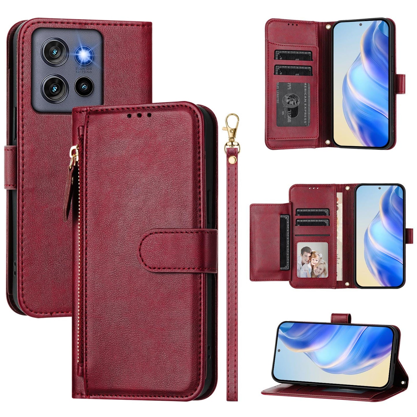 For Motorola Edge 50 Neo 5G / Moto S50 5G / Thinkphone 25 5G Case Zipper Pocket Multiple Card Slots Leather Phone Cover - Red