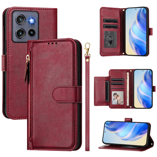 For Motorola Edge 50 Neo 5G / Moto S50 5G / Thinkphone 25 5G Case Zipper Pocket Multiple Card Slots Leather Phone Cover - Red