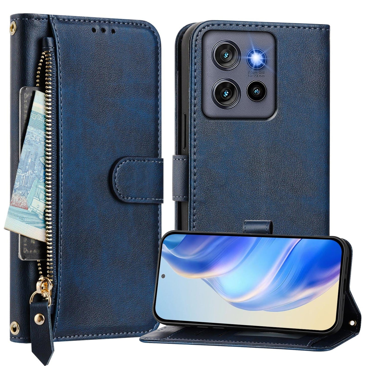 For Motorola Edge 50 Neo 5G / Moto S50 5G / Thinkphone 25 5G Case Zipper Pocket Multiple Card Slots Leather Phone Cover - Blue