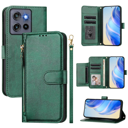 For Motorola Edge 50 Neo 5G / Moto S50 5G / Thinkphone 25 5G Case Zipper Pocket Multiple Card Slots Leather Phone Cover - Green