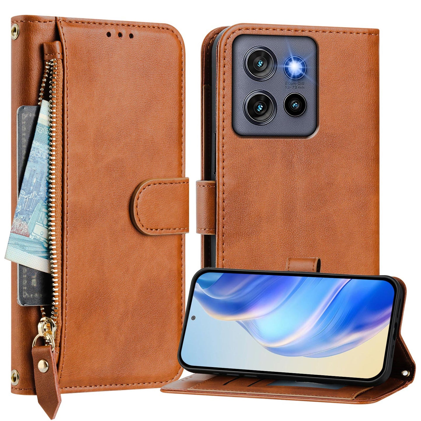 For Motorola Edge 50 Neo 5G / Moto S50 5G / Thinkphone 25 5G Case Zipper Pocket Multiple Card Slots Leather Phone Cover - Brown