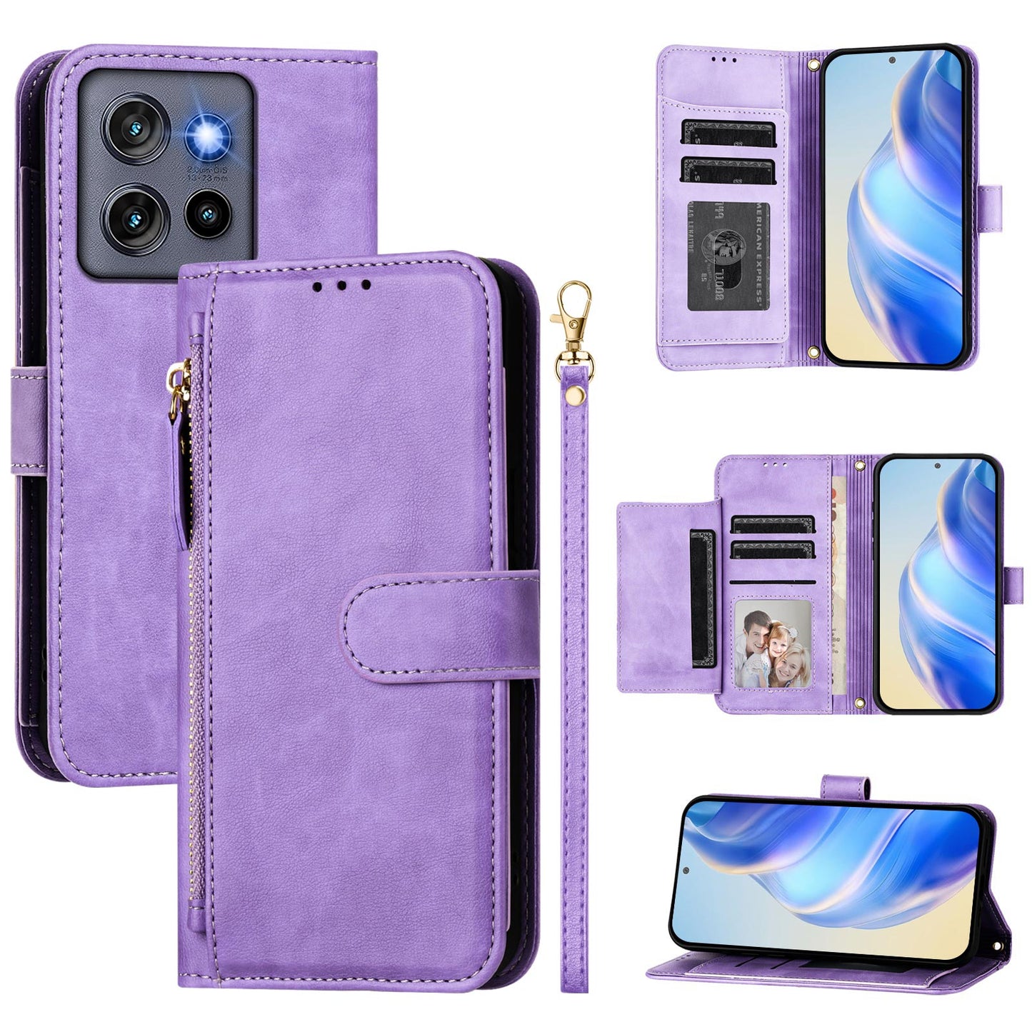 For Motorola Edge 50 Neo 5G / Moto S50 5G / Thinkphone 25 5G Case Zipper Pocket Multiple Card Slots Leather Phone Cover - Purple