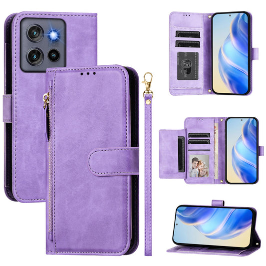 For Motorola Edge 50 Neo 5G / Moto S50 5G / Thinkphone 25 5G Case Zipper Pocket Multiple Card Slots Leather Phone Cover - Purple