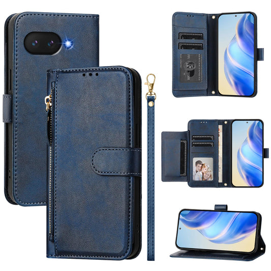 For Google Pixel 9a Case Zipper Pocket Multiple Card Slots Leather Phone Cover - Blue