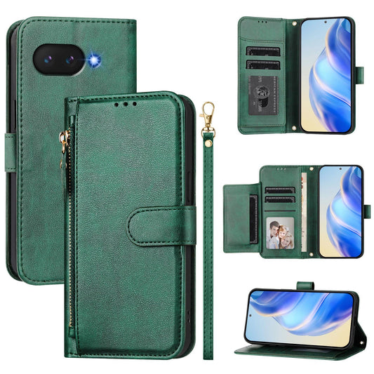 For Google Pixel 9a Case Zipper Pocket Multiple Card Slots Leather Phone Cover - Green